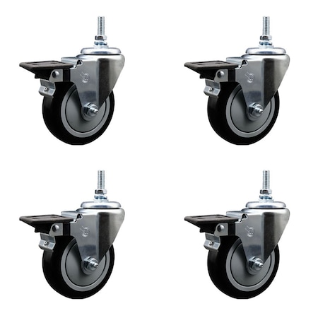 Service Caster 4 Inch Black Polyurethane 38 Inch Threaded Stem Caster Set with Brake SCC-TS20S414-PPUB-BLK-PLB-381615-4